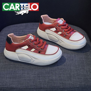 卡帝乐鳄鱼 CARTELO 镂空透气厚底运动休闲鞋女增高鞋子 KKS-CR689 红色 35