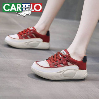 卡帝乐鳄鱼 CARTELO 镂空透气厚底运动休闲鞋女增高鞋子 KKS-CR689 红色 35