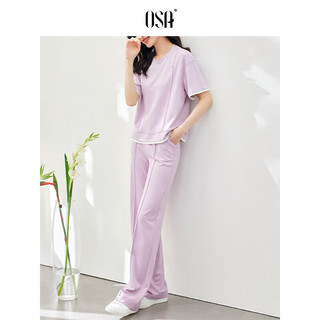 欧莎（OSA）短袖休闲运动套装女夏季薄款假两件卫衣直筒裤两件套 紫色 XS