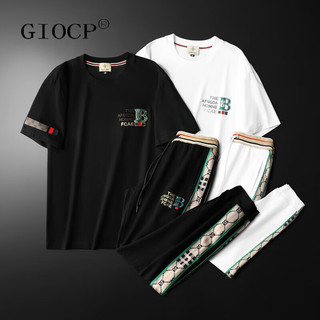 GIOCP香港潮牌轻奢印花潮流短袖休闲运动服套装男夏季新款长裤两件套 白色 M