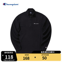 Champion冠军秋冬新款轻薄摇粒绒刺绣草写LOGO半拉链立领套头夹克 黑色 L
