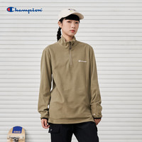 Champion冠军秋冬新款轻薄摇粒绒刺绣草写LOGO半拉链立领套头夹克 军绿色 M
