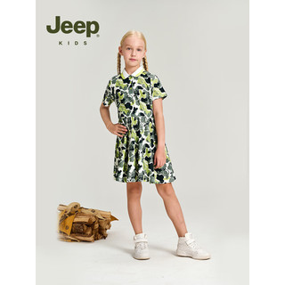 Jeep吉普童装女童连衣裙2023夏季新款网红洋气印花中大童女孩公主裙子 迷彩绿 140cm