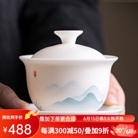 金镶玉 手绘盖碗 张丽娇大师手工绘制羊脂玉瓷三才盖碗茶杯送礼礼盒包装 张丽娇禅静香远盖碗