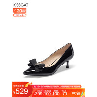 KISSCAT接吻猫女鞋船鞋新款细根高跟鞋女小皮鞋蝴蝶结浅口单鞋KA32500-10 黑色 33