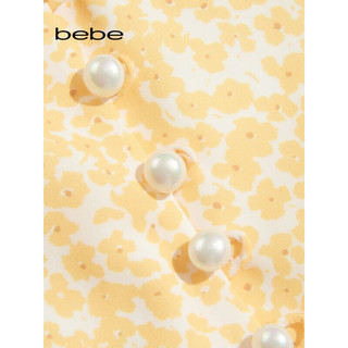 bebe2023夏季新品女士短款碎花印花荷叶边茶歇裙连衣裙250013 白黄 XS