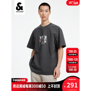 杰克·琼斯（JACK&JONES）夏季新款男时尚潮流法斗犬图案印花宽松舒适休闲短袖T恤223201318 黑砂色 165/88A/XS