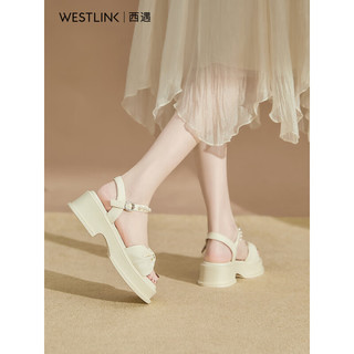 WESTLINK 西遇 法式厚底凉鞋女2023年夏季新款仙女风蝴蝶结珍珠一字带松糕鞋 米白色 37