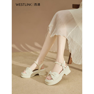 WESTLINK 西遇 法式厚底凉鞋女2023年夏季新款仙女风蝴蝶结珍珠一字带松糕鞋 米白色 37