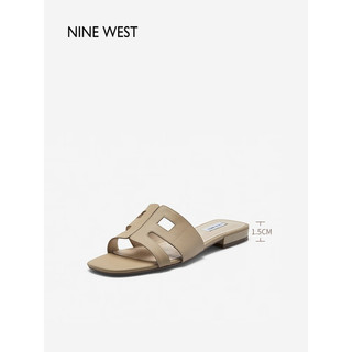 NINE WEST 玖熙 拖鞋女鞋2023夏季新款简约百搭休闲外穿真皮露趾镂空平底鞋 浅咖 39