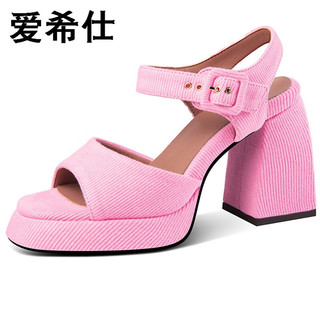 爱希仕超高跟粗跟凉鞋女夏新款鞋女时尚气质粉色高跟鞋女 粉色 标准码 34