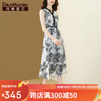 丹慕妮尔（Danmunier）丹慕妮尔法式复古印花连衣裙女2023夏季新款V领气质收腰雪纺长裙 黑白色 XL