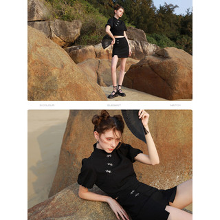 3COLOUR 三彩 2023夏季新款两件套国风立领肌理感半身裙新中式套装小个子 黑色 160/80A/S
