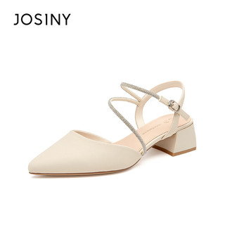 卓诗尼（Josiny）凉鞋女罗马包头一字带夏天2023新款尖头粗跟时尚仙女风气质鞋子 米白色 36标准码