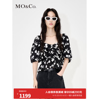MO&Co.2023夏新品蝴蝶结印花抽褶露背泡泡袖短款上衣MBC2TOP035 黑底白花色 XS/155