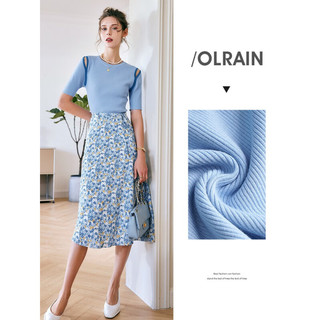 Olrain欧芮儿法式套头针织衫女夏季2023年新款修身镂空五分袖上衣 浅蓝色 S