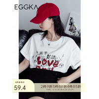 EGGKA 字母印花短袖T恤女宽松春夏季2023年新款美式复古白色上衣 白色 均码