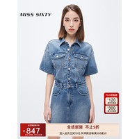 MISS SIXTY2023夏季新款连衣裙女纯棉牛仔短袖复古工装风衬衫裙 中蓝 XS