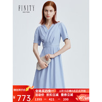 菲妮迪品牌连衣裙2023年夏季 新款不规则设计感时尚短袖A字裙子女 灰蓝色 S