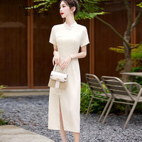法玛莎品牌新中式女装改良款旗袍2023夏季新款气质包臀开叉盘扣连衣裙女 米白色 M