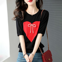 恒源祥短袖T恤女2023夏季新款女士薄款宽松简约休闲冰丝针织上衣Y1674 黑色 S