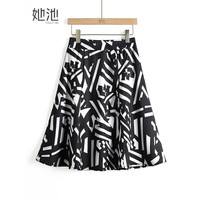 她池优雅半身裙2023夏装新款女装时尚印花通勤简约高腰显瘦短裙 黑色 S