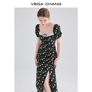 VEGA CHANG碎花连衣裙女夏方领法式小众泡泡袖下摆开叉茶歇裙子 花色（吊带） S