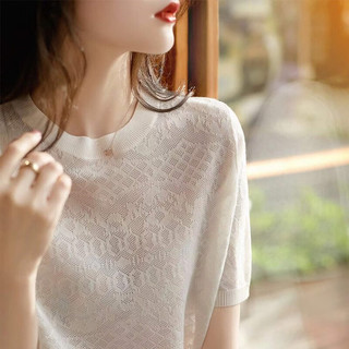 JISHU 记述 冰丝针织短袖T恤女2023夏季新款时尚蕾丝镂空休闲显瘦针织衫上衣 米白色