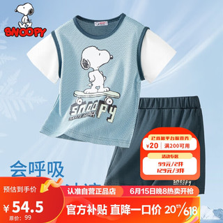 史努比（SNOOPY）男童短袖套装夏外出运动透气上衣休闲短裤 S网眼滑板套蓝色 90