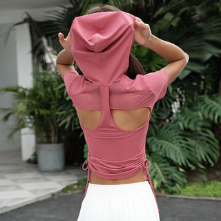 La Nikar夏季薄款休闲连帽短袖运动T恤女速干健身跑步舞蹈运动上衣-S1141 冰莓粉 XS