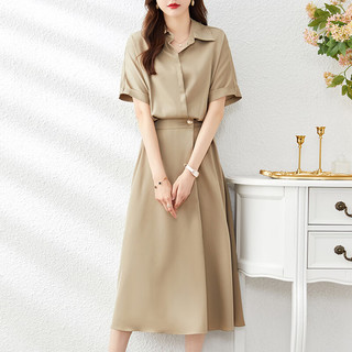 TERRE BLEUE连衣裙法式夏季气质中长款POLO领小个子高级感裙子 卡其色 XL