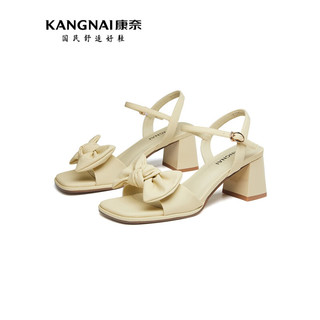 康奈（kangnai）女鞋2023年夏季新款时尚蝴蝶结小香风舒适一字带粗跟凉鞋18234036 鹅黄色 34