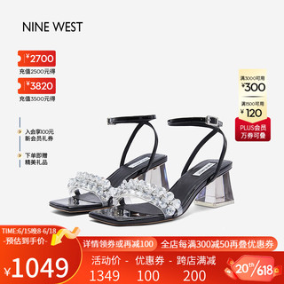 NINE WEST/玖熙高跟凉鞋女2023年夏季新款气质甜美闪钻一字带透明跟女鞋 黑色 36
