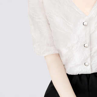 MeetMetro玛依尔白色衬衫女2023夏季新款V领灯笼袖甜美肌理感衬衣 白色 XL