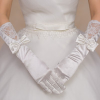 乔芈新娘结婚手套 白色红色婚纱礼服短款手套长款蕾丝网纱缎面礼仪 特 1023-白色