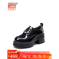 KISSCAT接吻猫皮鞋2023新款简约时尚单鞋英伦风松糕乐福鞋女KA32191-51 黑色 34