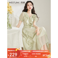 西遇（Westlink）法式复古仙女裙女2023年夏季新款荷叶边公主长裙绿色连衣裙 绿色(预售6月15日) M