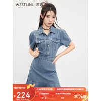 西遇（Westlink）牛仔连衣裙女2023年夏季新款小个子复古休闲短袖A字鱼尾裙 蓝色 L