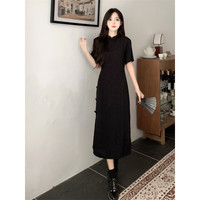 家隆名秀 2023夏季新款复古盘扣黑色改良旗袍连衣裙大码女装