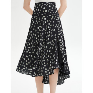 朗姿2023年新款夏季气质裙子法式高腰不规则显瘦中长款碎花半身裙 黑色 XL