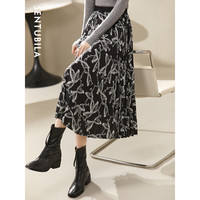 尚都比拉复古印花半身裙夏天2023新款裙子轻熟通勤气质中长款百褶裙 黑底白花 L