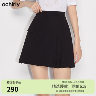 ochirly 欧时力 2022新款春装高腰排褶a字短裙jk半身裙女 黑色090 S