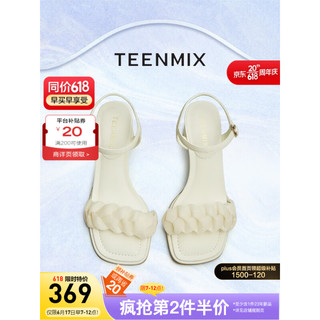 TEENMIX 天美意 2023夏新款商场同款粗跟一字带气质时装女凉鞋BG671BL3 预售 米白 36