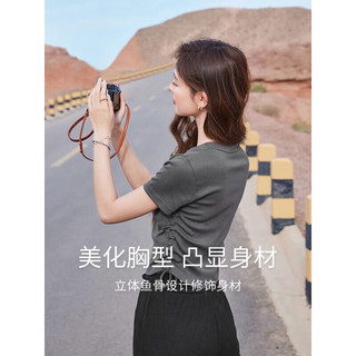 香影（xiangying）正肩t恤女短袖2023夏装新款休闲修身显瘦灰色短款小个子上衣 灰色 S