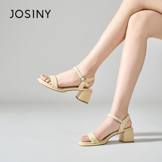 卓诗尼（Josiny）凉鞋女粗跟中跟一字带2023夏季新款时尚气质简约经典 黄色 37标准码