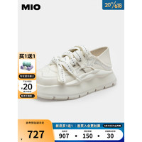 MIO米奥2023春季圆头中跟面包鞋时髦小白鞋个性厚底休闲板鞋女鞋 白色 37