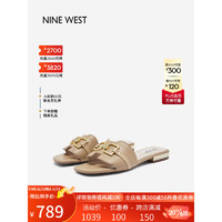 NINE WEST/玖熙拖鞋女外穿2023夏季新款休闲99饰扣低跟一字拖 杏色 35