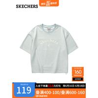 斯凯奇（Skechers）宽松圆领t恤女印花上衣运动休闲短袖L123W036 冰绿色/002S S