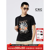 C'N'C CNC男装23年春夏新款短袖T恤男时尚豹子印花打底衫 黑色 56（185/104A）