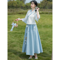 妖妮旗袍汉服成人女年轻2023复古民族中国风棉麻绣花连衣裙两件套1083 蓝色两件套 M(建议体重95-105斤)